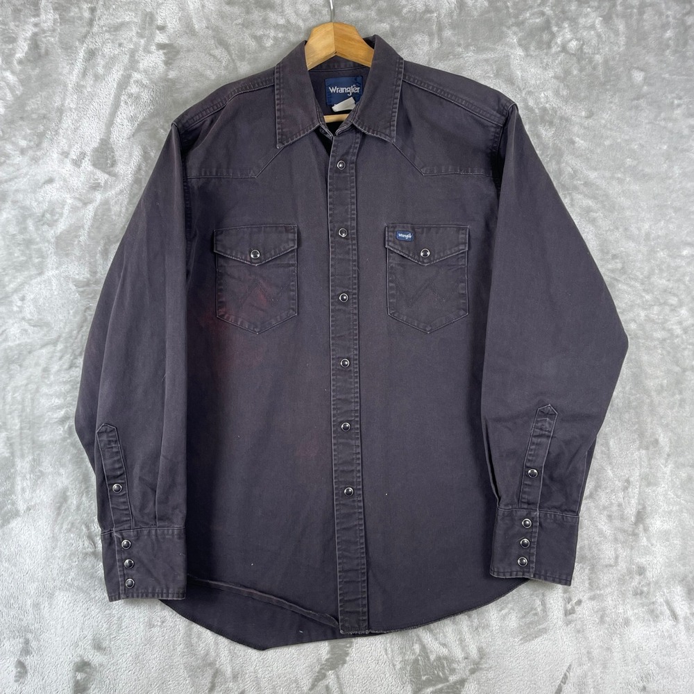 Vintage Wrangler Western Denim Shirt Mens Large Black Long Sleeve Pearl Snap USA